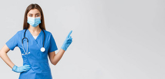 科维德防止病毒健康医疗保健工人检疫概念自信女护士蓝色的实习医生风云医疗面具提供信息指出手指