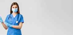 科维德防止病毒健康医疗保健工人检疫概念愉快的女医生护士蓝色的实习医生风云医疗面具手套邀请遵循页面点击链接指出左