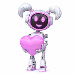 可爱的粉红色的女孩机器人持有红色的心