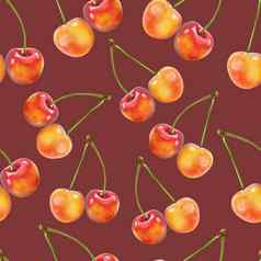插图现实主义无缝的模式浆果橙色樱桃黑暗棕色（的）背景