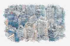 数字水彩绘画纽约城市摩天大楼中城曼哈顿空中全景视图