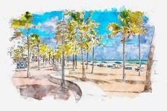 水彩绘画插图海滨海滩散步棕榈树堡劳德黛尔