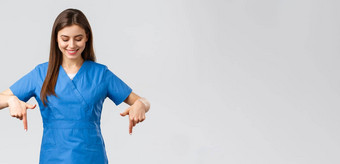 医疗保健工人防止病毒科维德测试筛选医学概念快乐很高兴有吸引力的女护士医生医生蓝色的实习医生风云指出广告