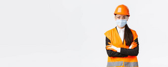 科维德安全协议企业建设防止病毒概念自信亚洲女首席工程师工人遵循协议冠状病毒穿脸面具