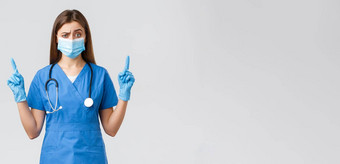科维德防止病毒健康医疗保健工人检疫概念持怀疑态度女护士蓝色的实习医生风云医疗面具不要信息指出手指怀疑