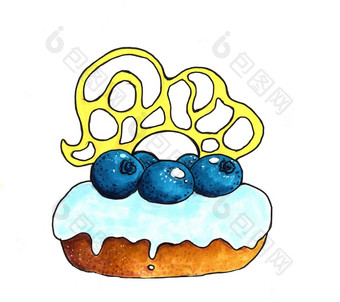 甜甜圈<strong>蛋糕</strong>蓝色的<strong>蓝莓蓝莓</strong>糖衣焦糖装饰手绘酒精标记