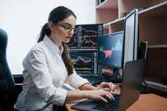 打字移动PC女人工作在线办公室多个电脑屏幕指数图表