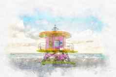 水彩绘画插图救生员塔南海滩堡劳德黛尔佛罗里达美国