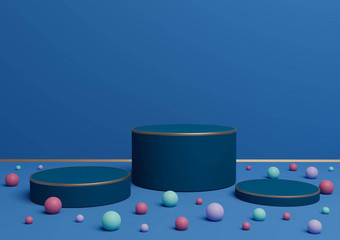 明亮的黑暗柔和的蓝色的呈现讲台上站产品显示金行色彩斑斓的玻璃球产品演讲背景奢侈品产品有趣的糖果