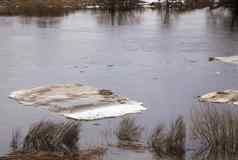特写镜头脏冰浮冰浮动河春天雪融化