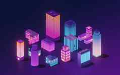 市中心城市霓虹灯发光的建筑呈现
