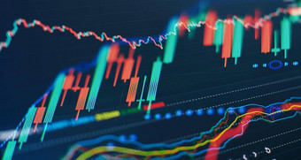 技术价格图指示器红色的绿色烛台图表蓝色的主题屏幕市场波动趋势股票交易加密货币背景