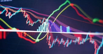 技术价格图指示器红色的绿色烛台图表蓝色的主题屏幕市场波动趋势股票交易加密货币背景