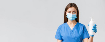 科维德防止病毒健康医疗保健工人检疫概念严肃的表情医疗工人护士医生蓝色的实习医生风云医疗面具显示手洗手液肥皂