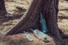 垃圾填埋场脏透明的被丢弃的空玻璃酒精饮料瓶垃圾地面树森林自然公园酗酒上瘾问题坏习惯生态问题环境污染