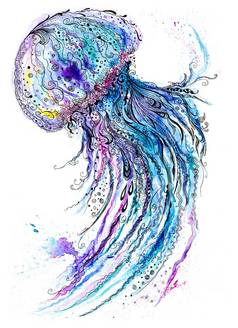 果冻鱼水彩墨水绘画