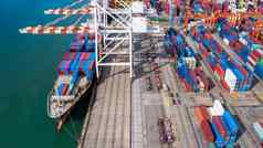 空中视图容器船商业码头公司进口出口全球业务贸易物流运输容器货物船船运费航运海上海港口终端