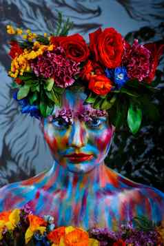 肖像女孩脸画彩色的油漆花环花弗里达kahlo的脚步