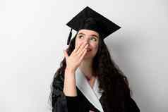 距离学习在线研究首页毕业大学研究生黑色的袍微笑白色背景有趣的女人微笑成功的完成大学完整的主学位