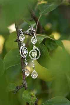人美珠宝配件概念美丽的女人钻石耳环婚礼