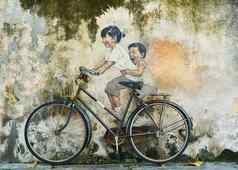 孩子们自行车街艺术壁画乔治小镇槟城马来西亚
