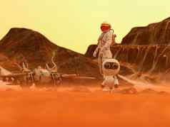 宇航员小机器人太空行走沙漠地球宇宙飞船回来