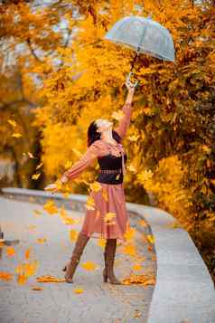 美丽的女孩衣服伞秋天公园持有头秋天叶子下降