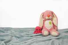 豪华的玩具坐着豪华的毯子白色墙豪华的粉红色的兔子玩具粉红色的针织章鱼
