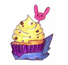 蛋糕黄色的奶油紫色的包装饰形式兔子画手酒精标记