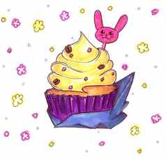 蛋糕黄色的奶油紫色的包装饰形式兔子画手酒精标记