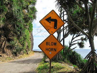 警告标志打击角危险的学位转狭窄的路悬崖海洋