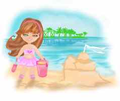 女孩热带海滩使沙子城堡
