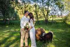 快乐年轻的人婚礼服装站草地接吻背景羊羔草地