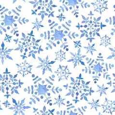 水彩手画无缝的模式蓝色的优雅的雪花圣诞节一年设计包装纸纺织电蓝色的雪霜柔和的邀请庆祝活动冬天背景