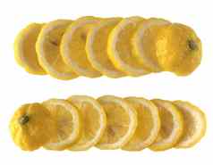 拼贴画成熟的柠檬水果减少平等的部分铺设行白色背景孤立的