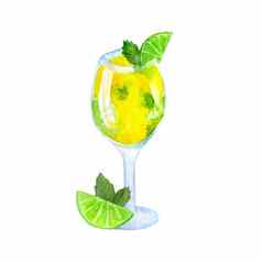 水彩手画插图绿色黄色的鸡尾酒莫吉托薄荷石灰柑橘类片充满活力的强烈的明亮的热带夏天颜色含酒精的饮料餐厅咖啡馆食物喝玻璃