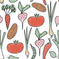 手画无缝的模式插图有机健康的蔬菜胡萝卜土豆番茄似乎萝卜茄子菜花腿市场自然食物蔬菜饮食软柔和的颜色