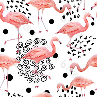无缝的模式粉红色的<strong>火烈鸟</strong>黑色的时尚的当代背景热带异国情调的鸟玫瑰<strong>火烈鸟</strong>水彩手画现实的动物插图夏天鸟野生动物包装纸壁纸卡片纺织