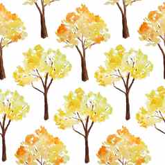 水彩手画无缝的模式插图秋天秋天树森林木林地公园户外野生景观自然野营设计秋天活动开放橙色黄色的颜色季节