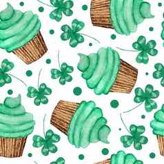无缝的水彩手画模式绿色纸杯蛋糕帕特里克一天庆祝活动传统幸运的三叶草白花酢浆草波尔卡点背景爱尔兰爱尔兰食物面包店春天3月凯尔特
