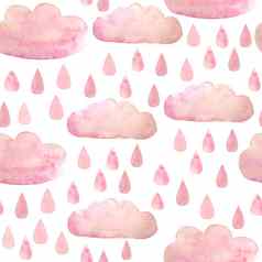 无缝的水彩手画模式脸红粉红色的云雨滴软柔和的颜色纺织设计壁纸婴儿淋浴插图邀请卡片海报孩子们孩子们睡觉衣服涂鸦