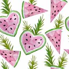无缝的水彩手画模式甜蜜的多汁的西瓜片绿色棕榈叶子夏天假期热带异国情调的丛林假期图形花插图设计壁纸纺织包