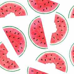水彩手画无缝的模式西瓜水果红色的绿色热带食物明亮的夏天假期背景多汁的弗雷希自然植物设计几何元素