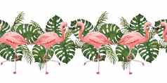 水彩手画无缝的水平边境粉红色的火烈鸟鸟热带绿色monstera棕榈丛林叶子背景夏天假期假期概念打印卡邀请t恤装饰