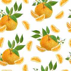 水彩手画无缝的模式插图明亮的橙色橘子普通话柑橘类水果充满活力的绿色叶子花食物有机素食者标签包装自然设计时尚的