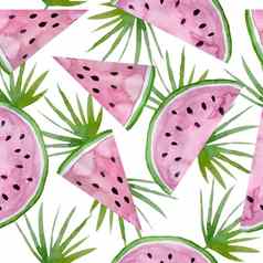 无缝的水彩手画模式甜蜜的多汁的西瓜片绿色棕榈叶子夏天假期热带异国情调的丛林假期图形花插图设计壁纸纺织包