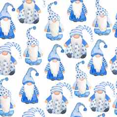水彩手画无缝的模式北欧斯堪的那维亚地精圣诞节装饰树一年插图蓝色的灰色卡通风格有趣的冬天字符北瑞典精灵他胡子问候卡