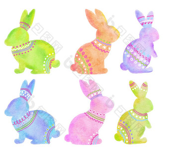 水彩手画复活节小兔子兔子蓝色的绿色粉红色的橙色柔和的颜色春天4月庆祝活动设计可爱的动物装饰少数民族饰品有趣的打印