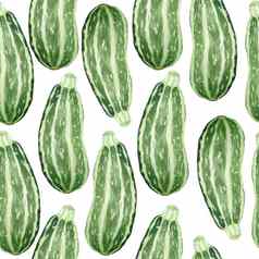 无缝的水彩手画模式绿色西葫芦胡瓜农民有机自然成熟的蔬菜素食者素食主义者设计厨房烹饪纺织菜单标签壁纸标签收获生产