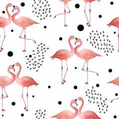 无缝的模式粉红色的火烈鸟黑色的时尚的当代背景浪漫的夫妇爱热带异国情调的鸟玫瑰火烈鸟水彩手画动物插图现代鸟纺织